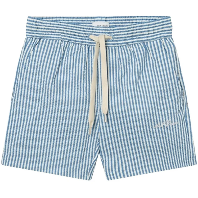 Les Deux Kids Washed Denim Blue/Light Ivory Stan Stripe Seersucker Swim Shorts