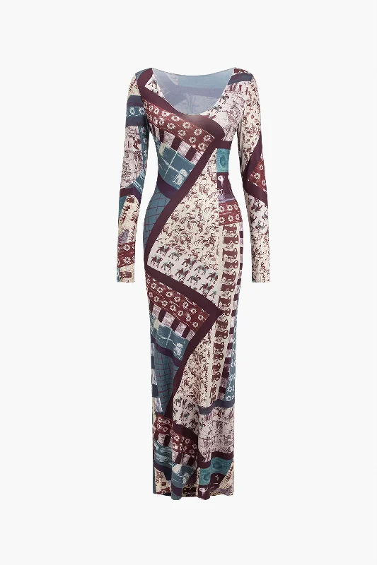 Abstract Patchwork Printed Long Sleeve Maxi Dress