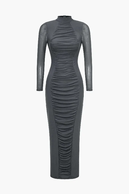 Solid Ruched Mock-Neck Midi Dress