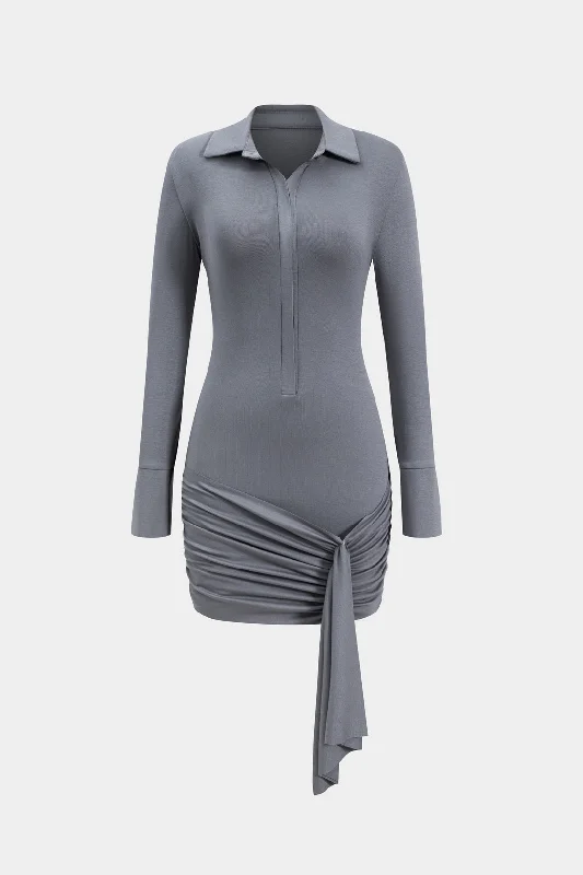 Ruched Button Long Sleeve Mini Dress