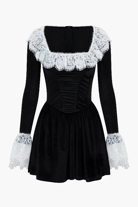 Lace Patchwork Velvet Long Sleeve Mini Dress