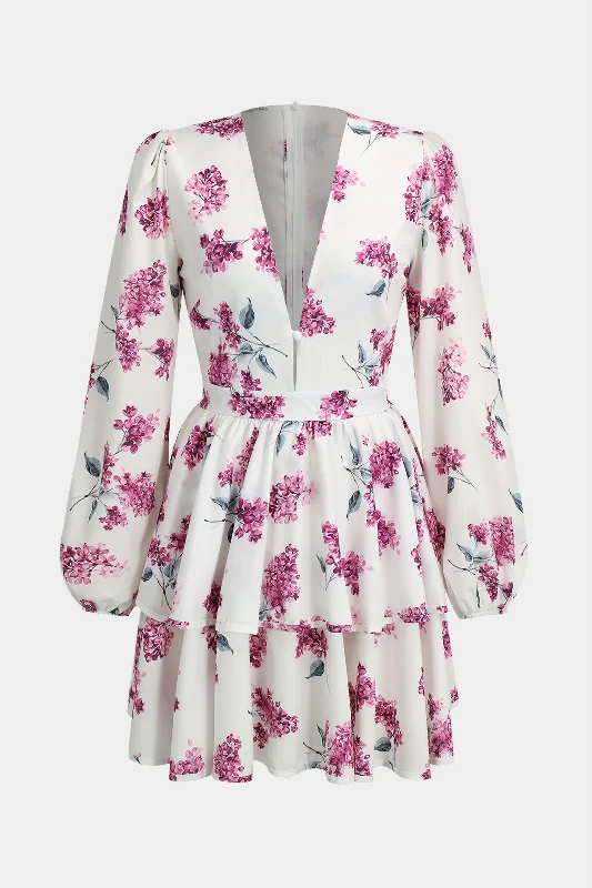 Floral Print Ruffle V-Neck Long Sleeve Mini Dress