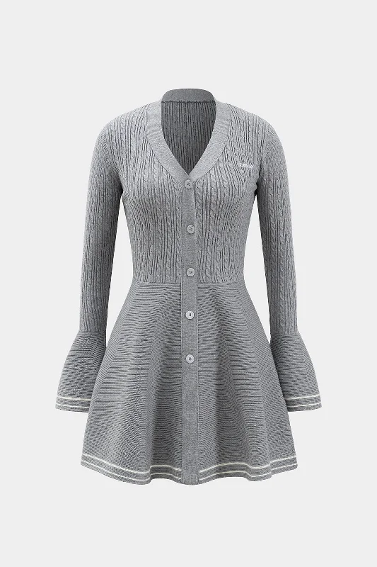 Knitted Button V-Neck Bell Sleeve Long Sleeve Sweater Dress