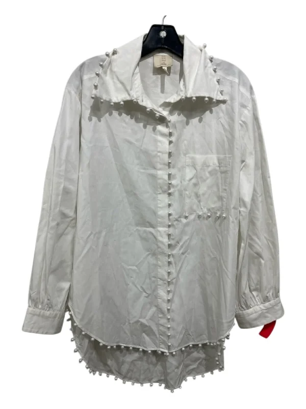 Me Me Me Size S White Cotton Faux Pearl Collar Long Sleeve Top