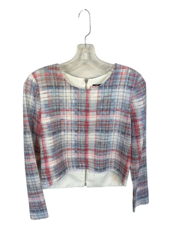 Nicholas Size 4 Red & Blue Silk Long Sleeve Plaid Back Zip Top