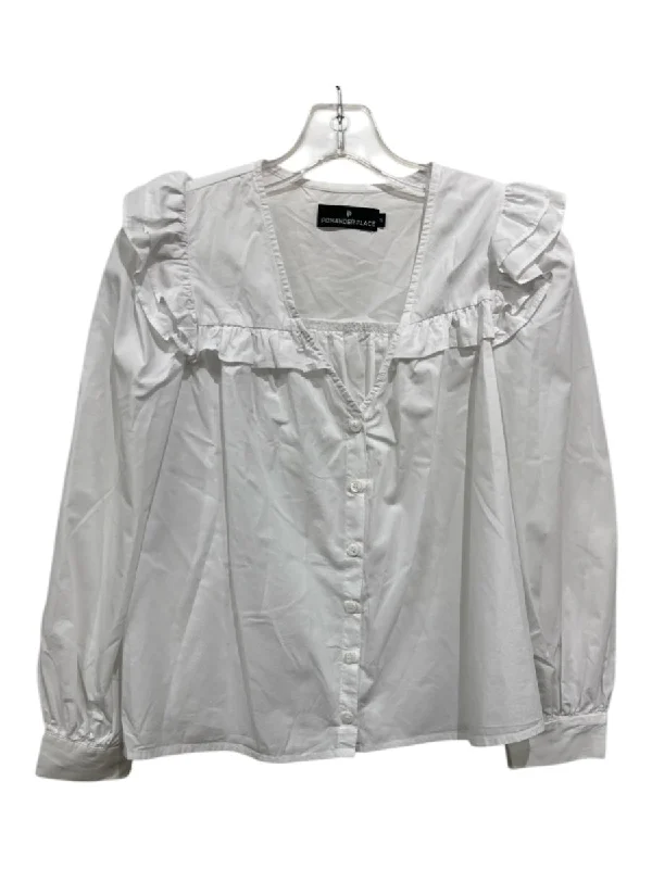 Pomander Place Size S White Cotton Button Up Long Sleeve Ruffle Shoulder Top