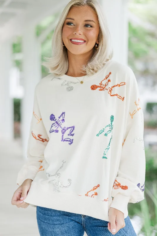 Skeleton Dance Cream White Sequin Pullover