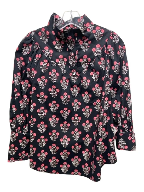 Tuckernuck Size S Black & Pink Print Cotton Floral Quarter Button Collar Top