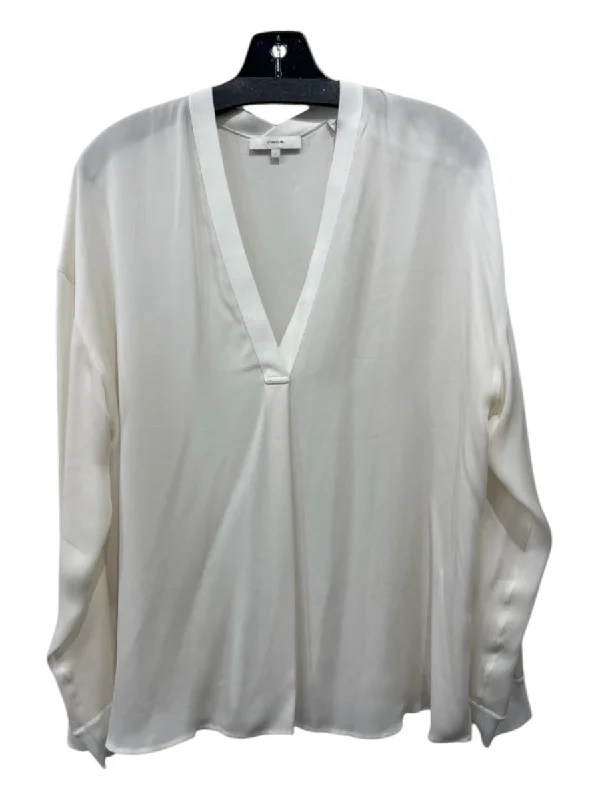 Vince Size L White Silk V Neck Long Sleeve Top