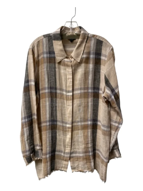 Worth Size XL Tan & Gray No Fabric Tag Plaid Long Sleeve buttondown Collared Top