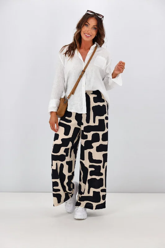 New U Collection Hannah Geo Print Wide Leg Pant Navy Beige