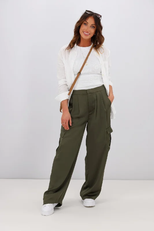 Shine On Label Julio Satin Cargo Pants Olive