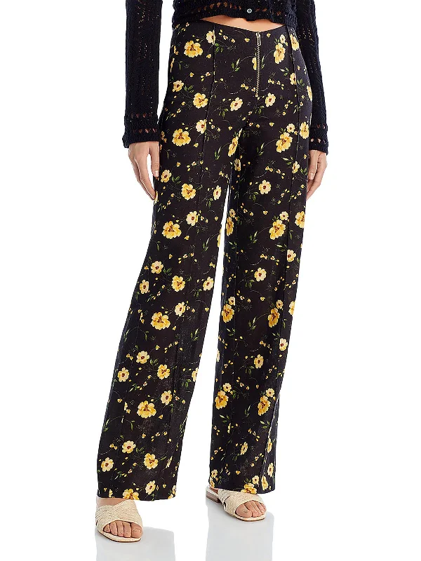 Womens Floral Print Linen Straight Leg Pants