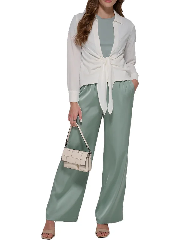 Womens Satin High Rise Wide Leg Pants